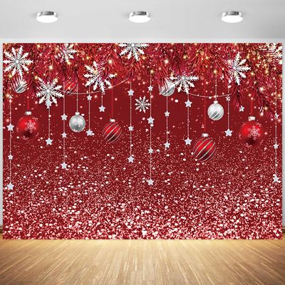 10x6.5ft Christmas Backdrop Red Ball Snowflakes Glitter Spots Photography Background Merry Xmas New Year Party Banner Kids Adults Portraits Decorations Supplies Photo Booth Props