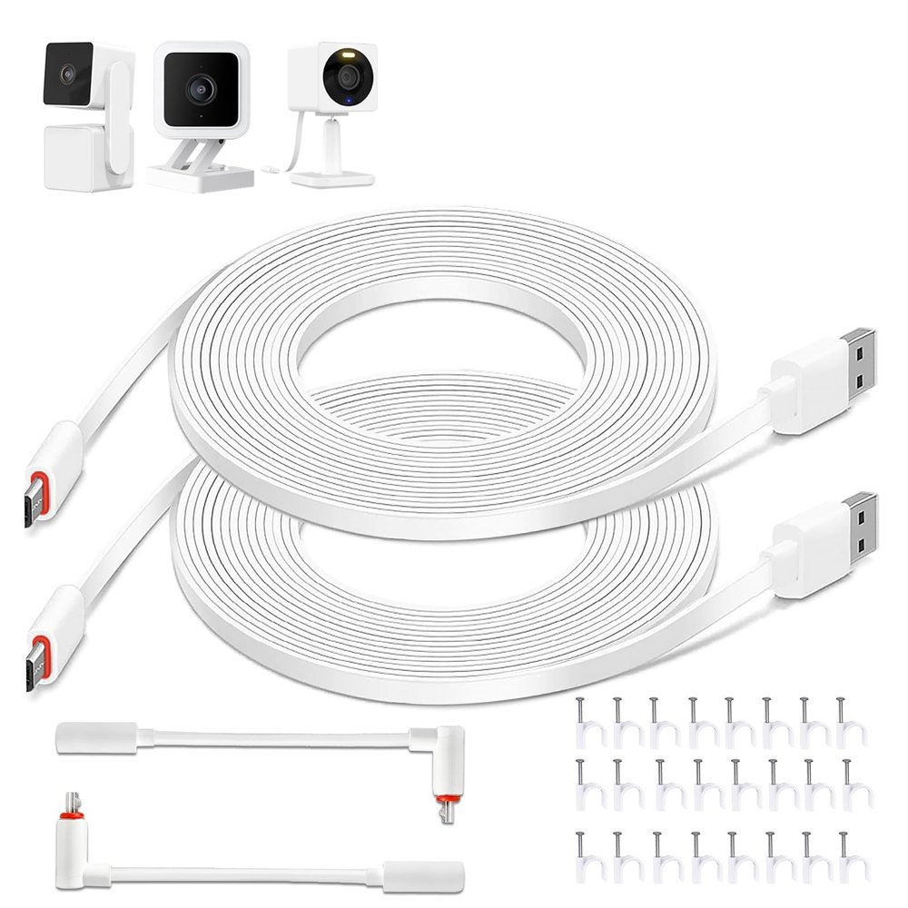 LFFW 20 FT Camera Extension Cable for Wyze Cam v3/v4, Wyze Cam Pan v3, Wyze OG, Wyze Cam v3 Pro, Long Micro USB Cable (Not for Battery Cam) Flat Wyze Camera Cord with L-Shaped Connector(2 Pack)