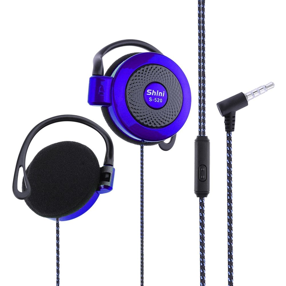 S-520 Ear Hook Headphones - Wired Clip-, 3.5mm Earbuds, Blue, Adult Sports Earphones