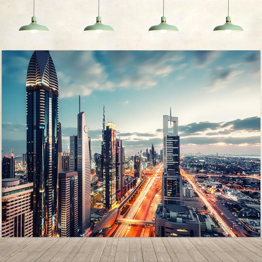 10x6.5ft Modern City Landscape Backdrop Night Scenery Skyscraper Downtown Landscape Photography Background City Theme Decorations Kids Adults Outdoor Portraits Photo Studio Props