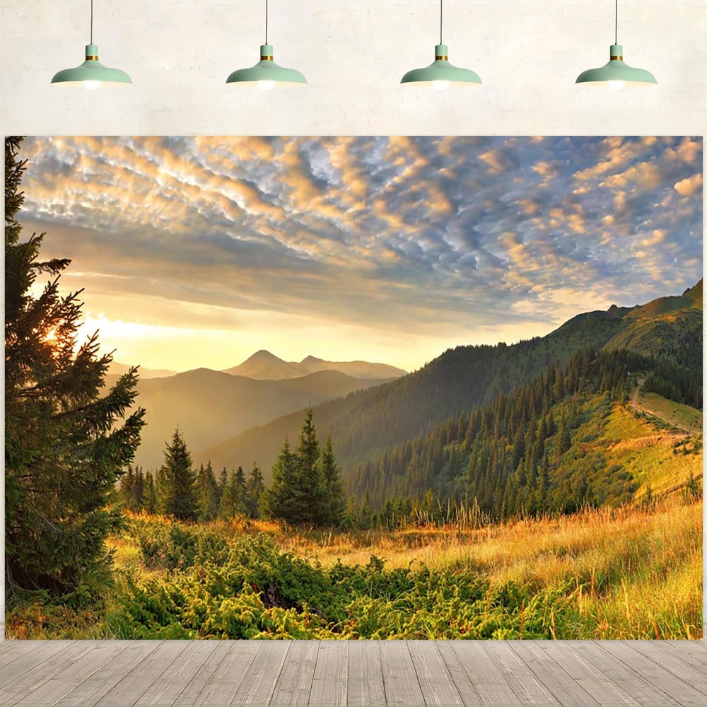 10x8ft Mountain Landscape Backdrop Nature Scenery Sunset Mountains Green Trees Forest Photography Background Camping Theme Decorations Kids Adults Outdoor Portraits Photo Studio Props