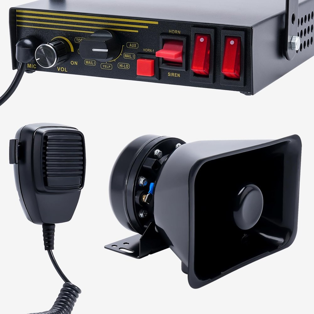 JAMTON 200W 12V 9 Tone Emergency Police Siren System, Rectangle Speaker Horn, Handheld Microphone, for Emergency Vehicles Truck Firefighters Ambulance