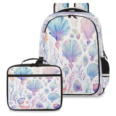 Backpack with Lunch Box Travel Backpack Seashell Coral Lunch Bag & Laptop Backpack Bookbag Insulated Lunchbox Freezable Lunch Bag Waterproof Daypack