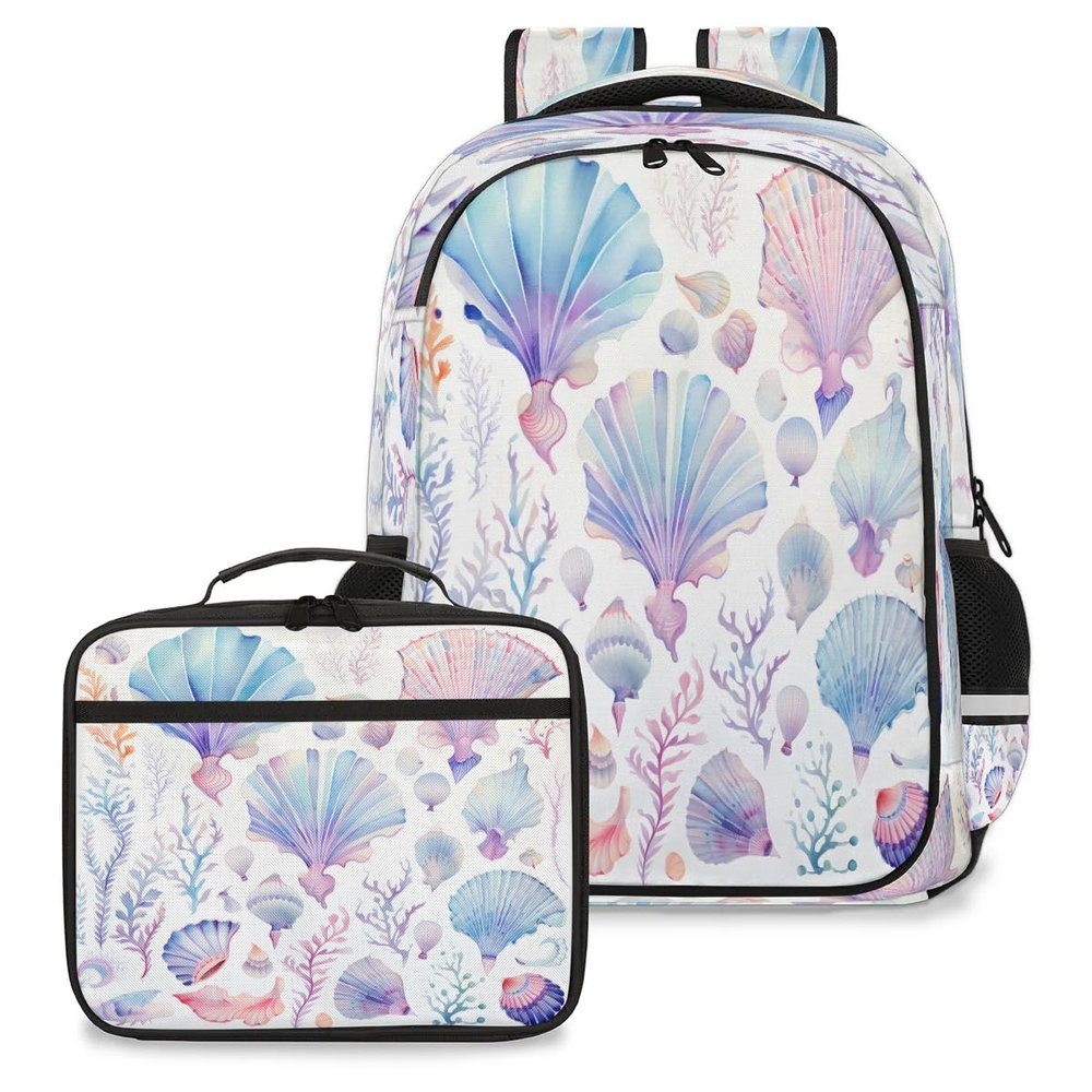 Backpack with Lunch Box Travel Backpack Seashell Coral Lunch Bag & Laptop Backpack Bookbag Insulated Lunchbox Freezable Lunch Bag Waterproof Daypack