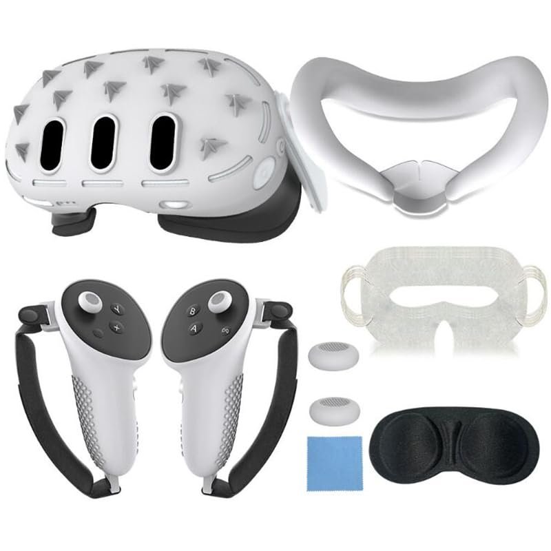 Coyktonty Silicone Cover Set for Meta Quest 3 VR Headset, 2 Controller Grips Silicon Cover+5 VR Sweat mask+VR Headset Protector+Lens Protection Cover+Eye mask+2 Button Cover+Cleaning Cloth (White)