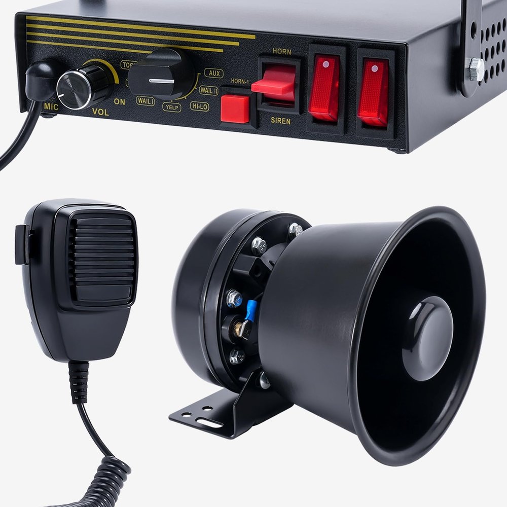 JAMTON 200W 12V 9 Tone Emergency Police Siren System, Black Steel Speaker Horn, Handheld Microphone, for Emergency Vehicles Truck Firefighters Ambulance