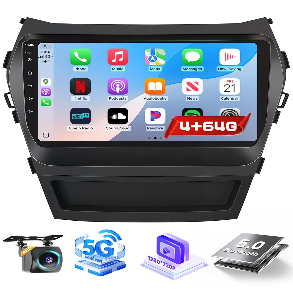 Roinvou 4+64G Android Carplay Stereo for Hyundai Santa Fe IX45 2013-2018, 9" Touch Screen Carplay Android Auto with 32EQ Bluetooth WiFi GPS Navigation Mirror Link 1280 * 720 Resolution