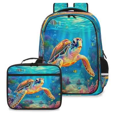 Backpack with Lunch Box Travel Backpack Marine Animal Turtle Lunch Bag & Laptop Backpack Bookbag Insulated Lunchbox Freezable Lunch Bag Waterproof Daypack