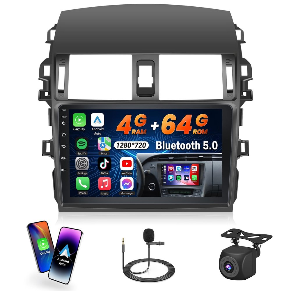 [4+64G] Car Radio for Toyota Corolla 2009 2010 2011 2012 2013, 9 inch 1280 * 720 Touch Screen for Corolla Car Stereo with Carplay, 32EQ, Bluetooth5.0, 5GHz WiFi, GPS Navigation, FM/RDS