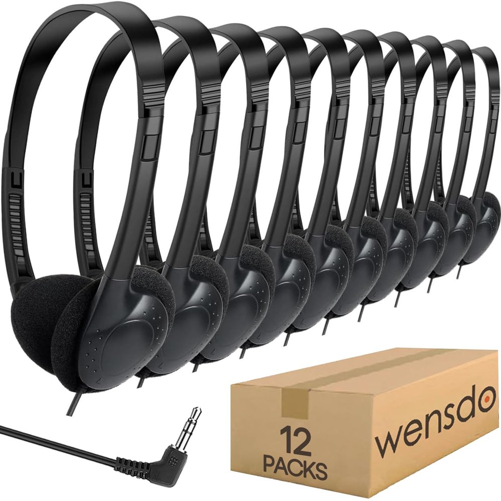 Wensdo 12 Pack Kids Headphones Bulk for Classroom School Students, Durable Wholesale Class Set Headphones for Kids Children Toddler Teen Boys Girls (HY857,12 Black)