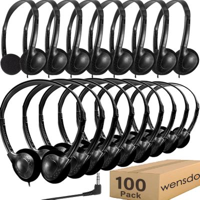 Wensdo Bulk Headphones 100 Pack for Classroom School Kids, Wholeslae Wired Durable Earphones Class Set for Students Children Toddler Teens Boys Girls and Adult (HY857,100 Black)