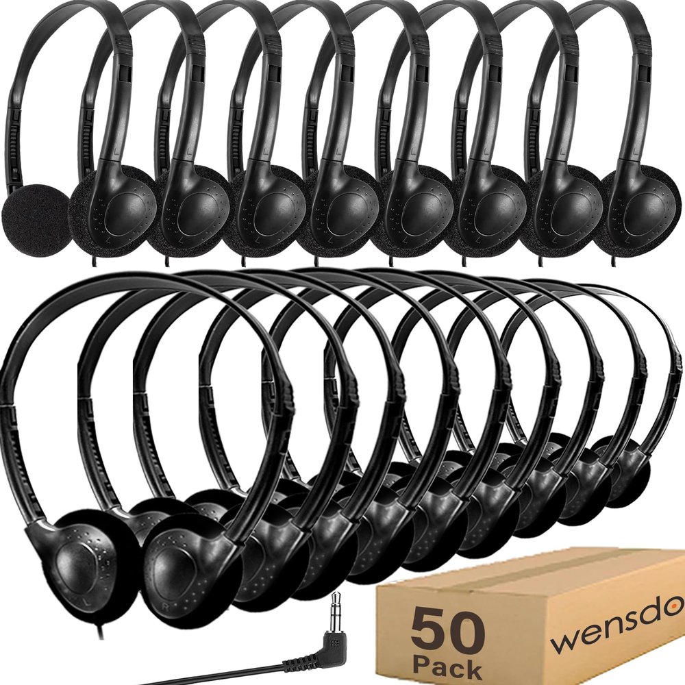 Wensdo 50 Pack Classroom Headphones Bulk for School Kids Students, Wholeslae Wired Durable Earphones Class Set for Children Toddler Teens Boys Girls and Adult (HY857,50 Black)