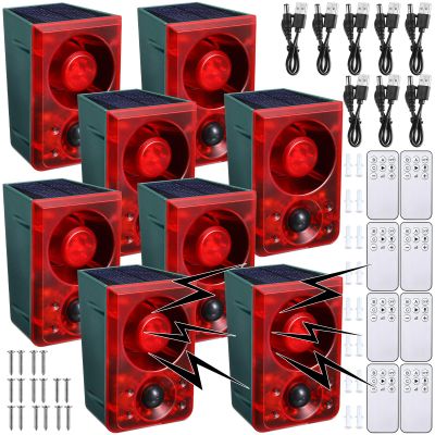 Qualirey 4 Pcs Solar Outdoor Motion Sensor Alarm Animal Deterrent Gunshot Sound Dog Barking 130db Loud Noise Maker 3 Modes with USB Remote Control, Support Recording and Volume Adjustment (Red)