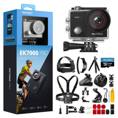 AKASO EK7000 Pro Action Camera with 64GB MicroSDXC Memory Card and 42 in 1 Action Camera Accessories Kit Bundle
