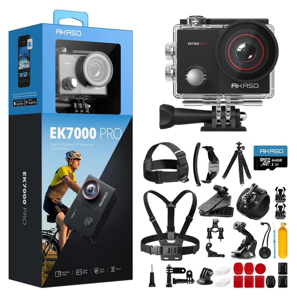 AKASO EK7000 Pro Action Camera with 64GB MicroSDXC Memory Card and 42 in 1 Action Camera Accessories Kit Bundle