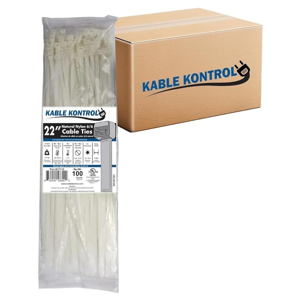 Kable Kontrol Cable Zip Ties Natural White 1,000 Pcs 22 Inch, 250 Lbs Tensile Strength, Bulk Pack, Self-locking Natural Nylon Clear Plastic Wire Ties wraps for Indoor or Outdoor Use