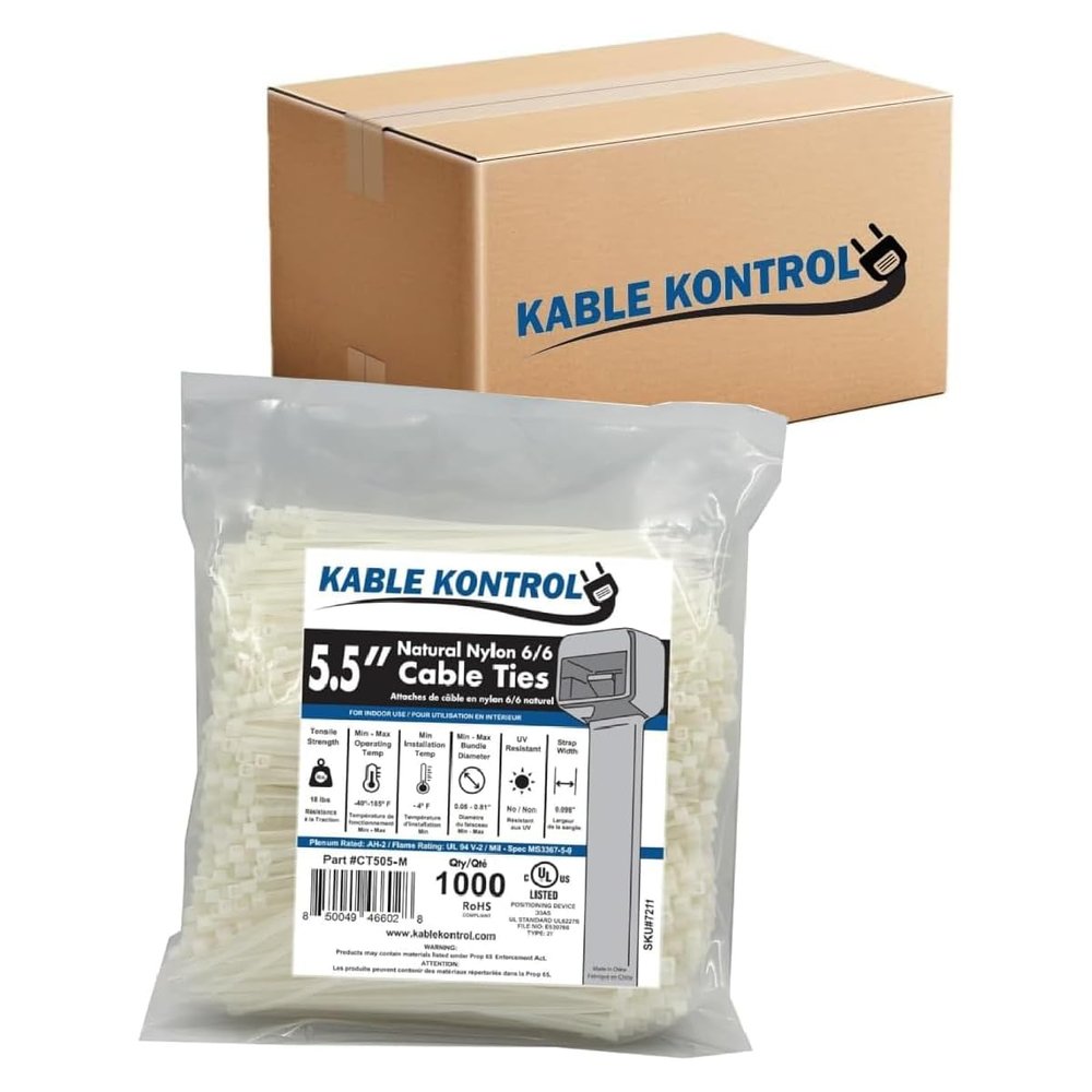 Kable Kontrol Cable Zip Ties Natural White 30,000 Pcs 5.5 Inch, 18 Lbs Tensile Strength, Bulk Pack, Self-locking Natural Nylon Clear Plastic Wire Ties wraps for Indoor or Outdoor Use