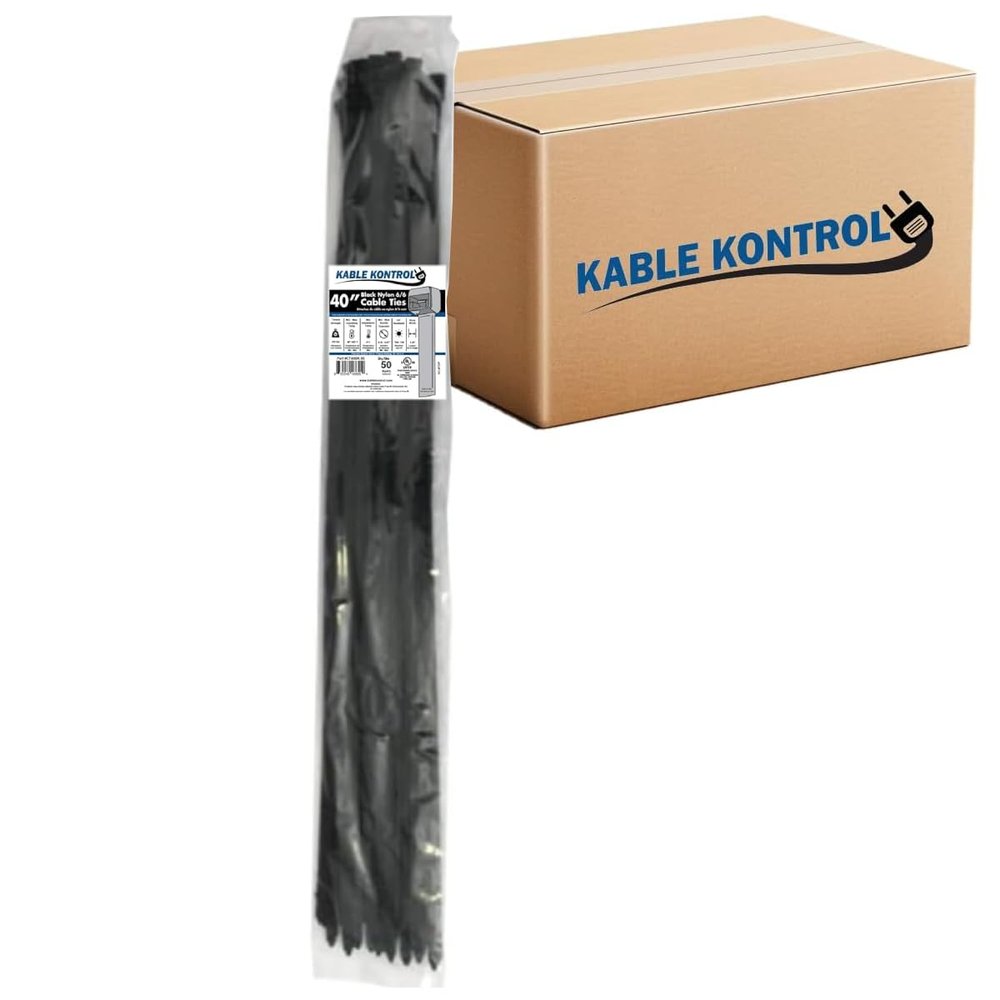 Kable Kontrol Cable Zip Ties Black 1,000 Pcs 40 Inch, 250 Lbs Tensile Strength, Bulk Pack, Self-locking UV Resistant Plastic Nylon Wire Ties, for Indoor or Outdoor Use