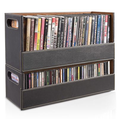 Faux Leather DVD & CD Storage Box - Movie Shelf Organizer for Blu-Ray, Video Game Cases, VHS Tape Display Stand, Disc Holder Can Store Up to 28 DVDs & 40 CDs