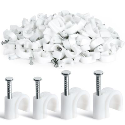 Cable Wire Clips - 100 Pcs White Cable Clips 8mm 10mm Wire Staples Wall Cables Management with Steel Nails Cord Holder for Wires, Ethernet, Cord Organization