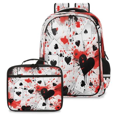 Backpack with Lunch Box Travel Backpack Love Heart Card Lunch Bag & Laptop Backpack Bookbag Insulated Lunchbox Freezable Lunch Bag Waterproof Daypack