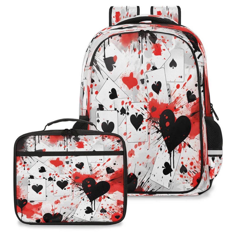 Backpack with Lunch Box Travel Backpack Love Heart Card Lunch Bag & Laptop Backpack Bookbag Insulated Lunchbox Freezable Lunch Bag Waterproof Daypack