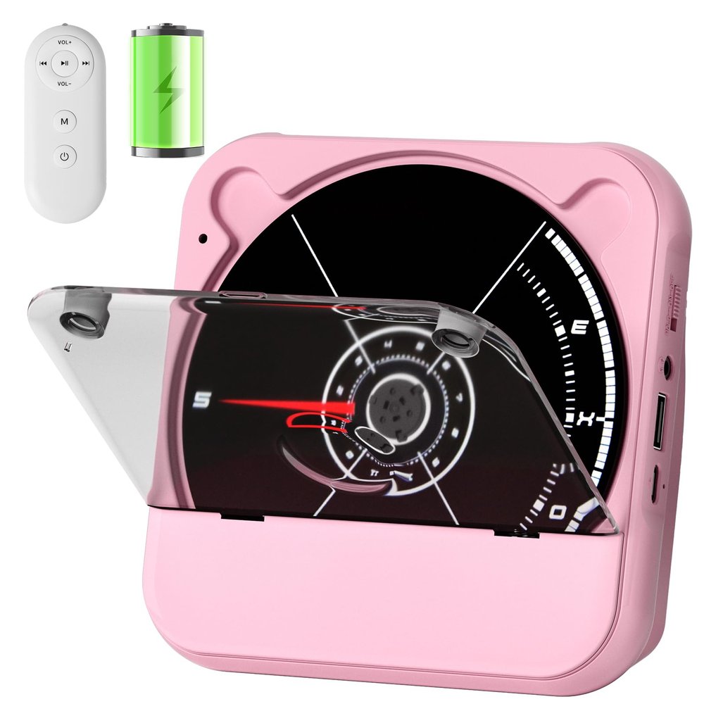 Portable CD Player with Bluetooth, Rechargeable Wireless Mini Desktop for Home with HiFi Speaker, Cute CD Player Remote Control, LCD Display, Supports CD/FM Radio/USB/AUX/Timer/Repeat, Pink