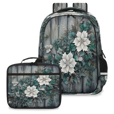 Backpack with Lunch Box Travel Backpack Retro Wooden Flower Lunch Bag & Laptop Backpack Bookbag Insulated Lunchbox Freezable Lunch Bag Waterproof Daypack