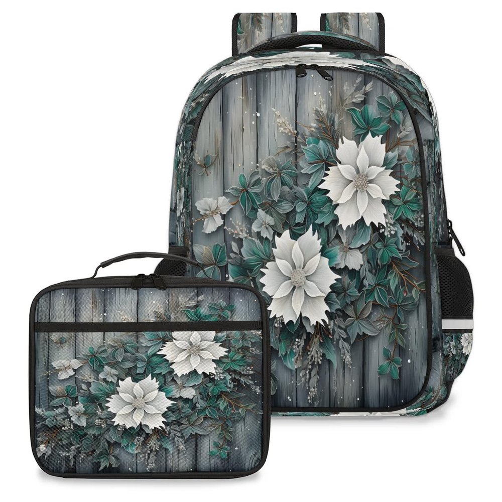 Backpack with Lunch Box Travel Backpack Retro Wooden Flower Lunch Bag & Laptop Backpack Bookbag Insulated Lunchbox Freezable Lunch Bag Waterproof Daypack