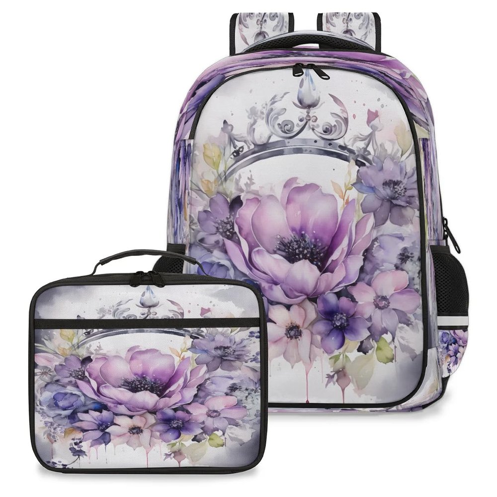 Backpack with Lunch Box Travel Backpack Watercolor Natural Flower Lunch Bag & Laptop Backpack Bookbag Insulated Lunchbox Freezable Lunch Bag Waterproof Daypack