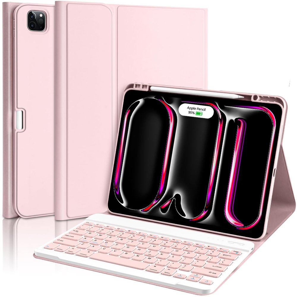 aMZCaSE for iPad Pro 13 inch Case with Keyboard (M5/M4) 2025/2024, Keyboard for iPad Pro 13 with Detachable Cover Case, Smart Sleep/Wake & Pencil Holder, Light Pink