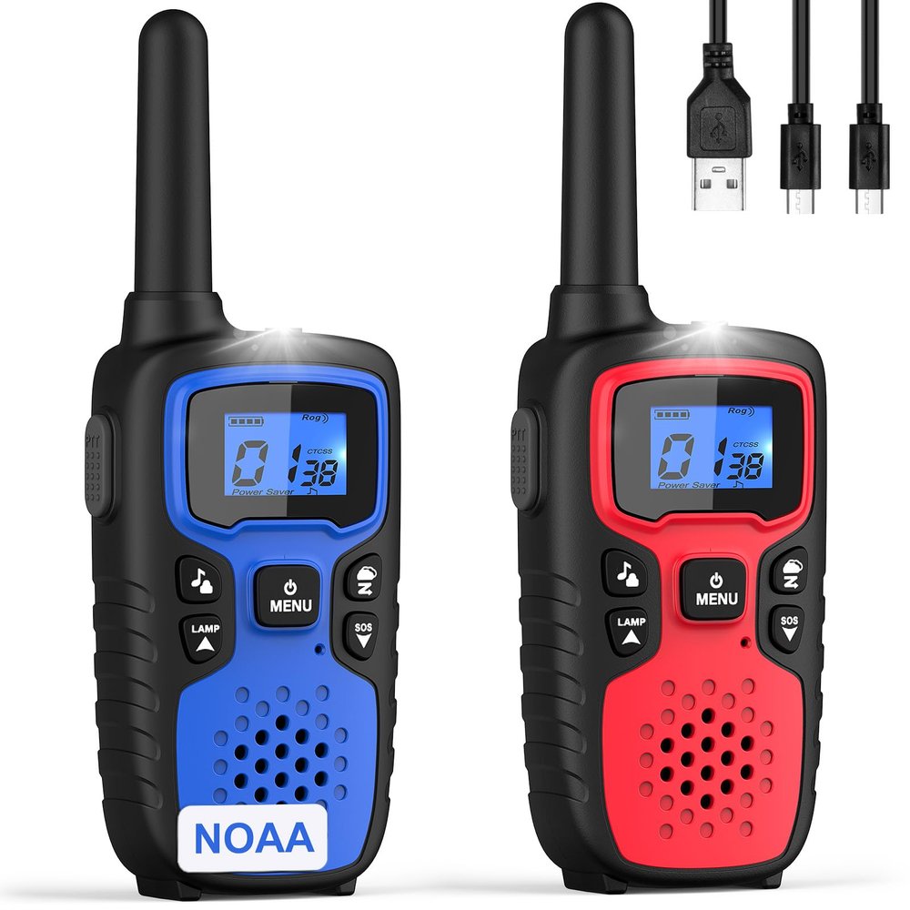 Wishouse Walkie Talkies for Kids Adults - Long Range Rechargeable 2 Way Radios,Gift,Hiking Accessories Camping Gear with Lamp,SOS Siren,NOAA Weather Alert,VOX,Easy to Use Red Blue 2 Pack