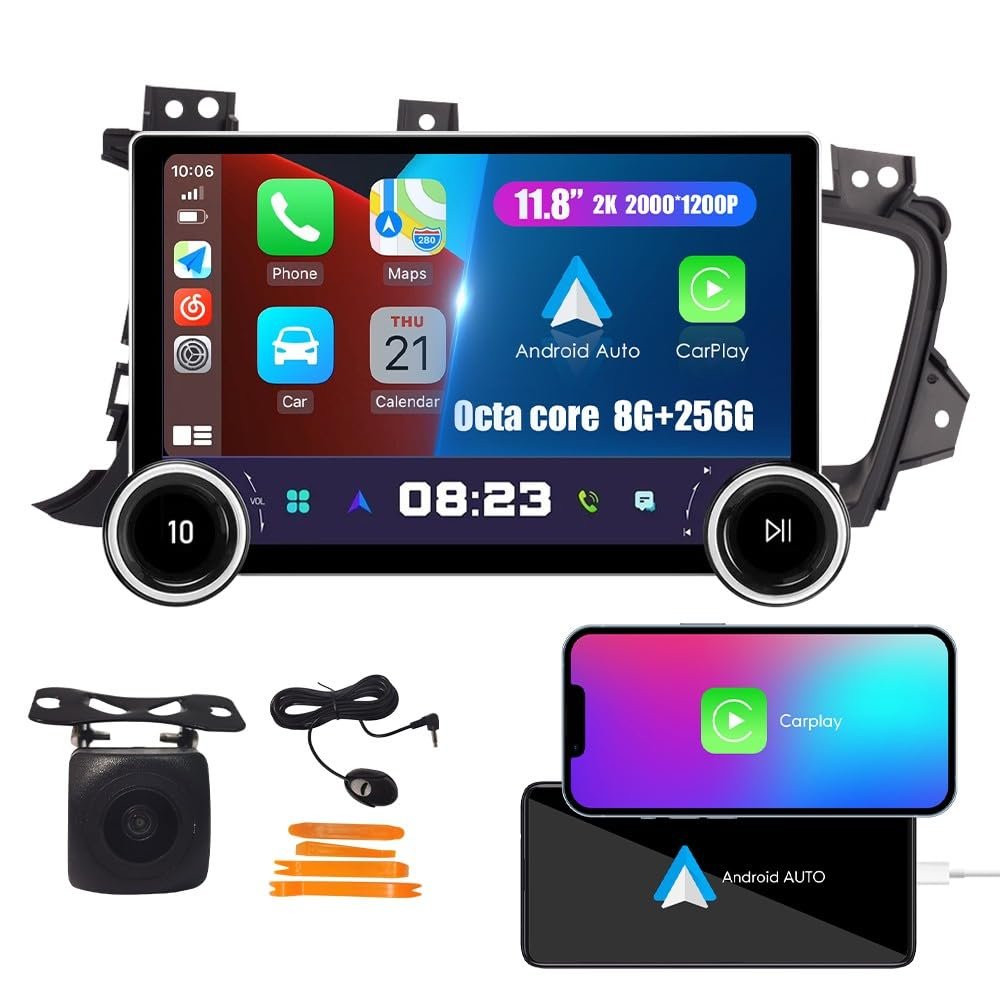 Display Knobs CarPlay/Android Auto Autoradio Android AM/FM Radio Car Navigation Stereo Player GPS 11.8" QLED Touch Screen BT WiFi 2 Din Headunit Tablet for Kia Optima 2011-2013 Octa Core 8G+256G