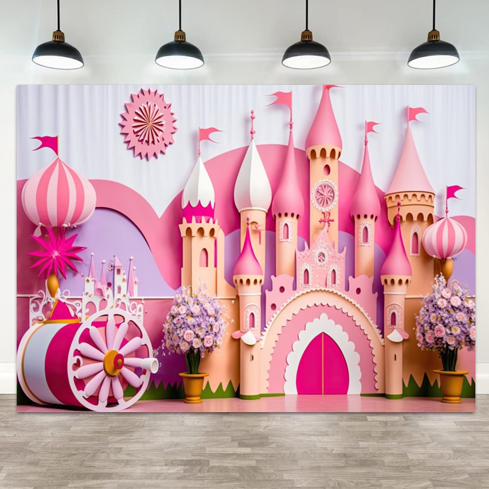 ASDCXZ 10x8ft Princess Castle Backdrop Pink Purple Floral Girl Birthday Photography Background Kids Birthdays Newborn Baby Shower Banner Decorations Wedding Party Portrait Photo Booth Prop