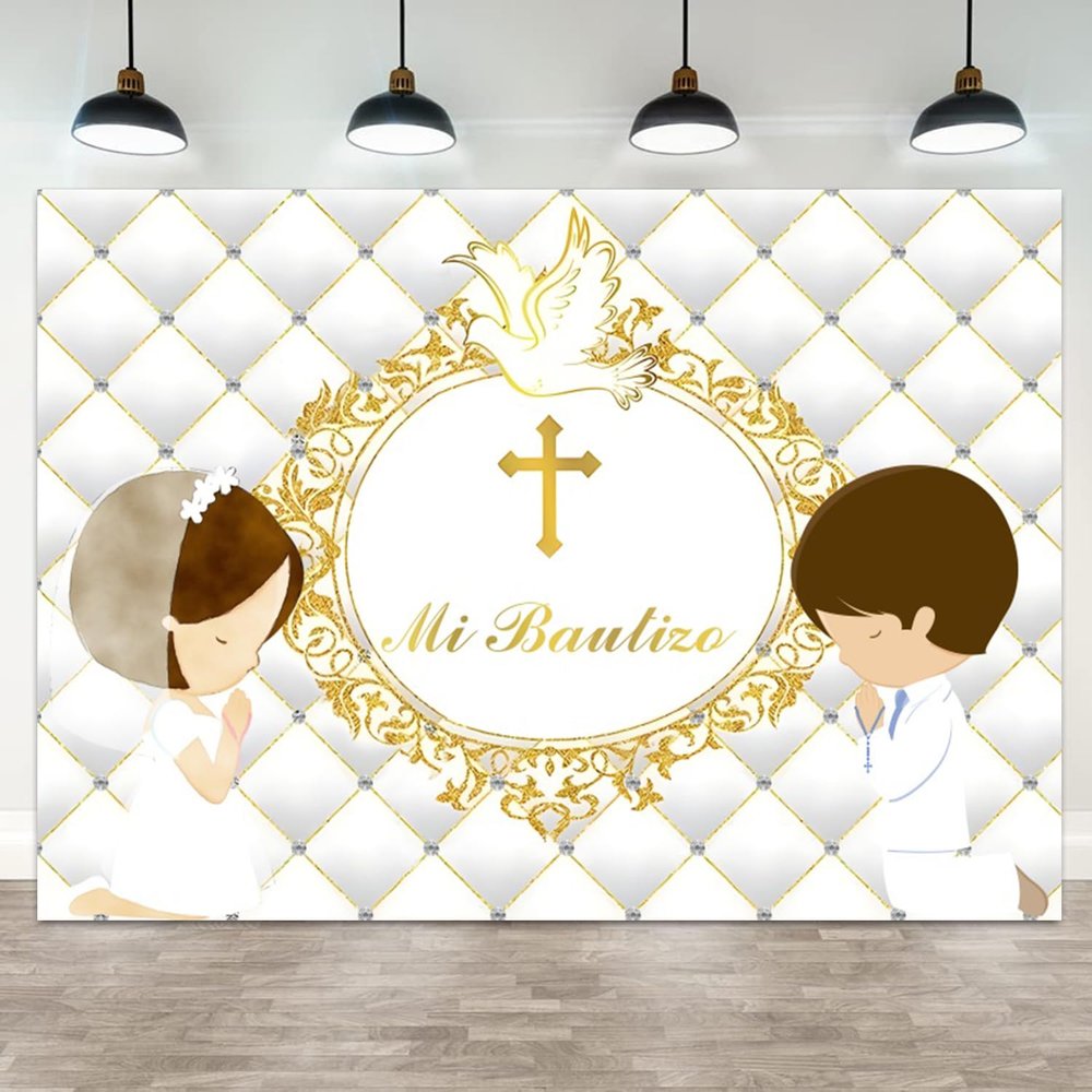 ASDCXZ 10x8ft Mi Bautizo Backdrop Baptism God Bless First Holy Communion Photography Background Gold Cross Peace Dove Newborn Baby Shower Banner Decorations Boy Girl Portrait Photo Booth Prop