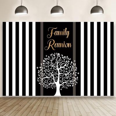 Pnylzzyxh Family Reunion Large Backdrop Family Tree Leaves Welcome to Our Family Members Black White Stripes Photography Background Gathering Golden Party Decorations Banner Photo Booth Props 12x10ft