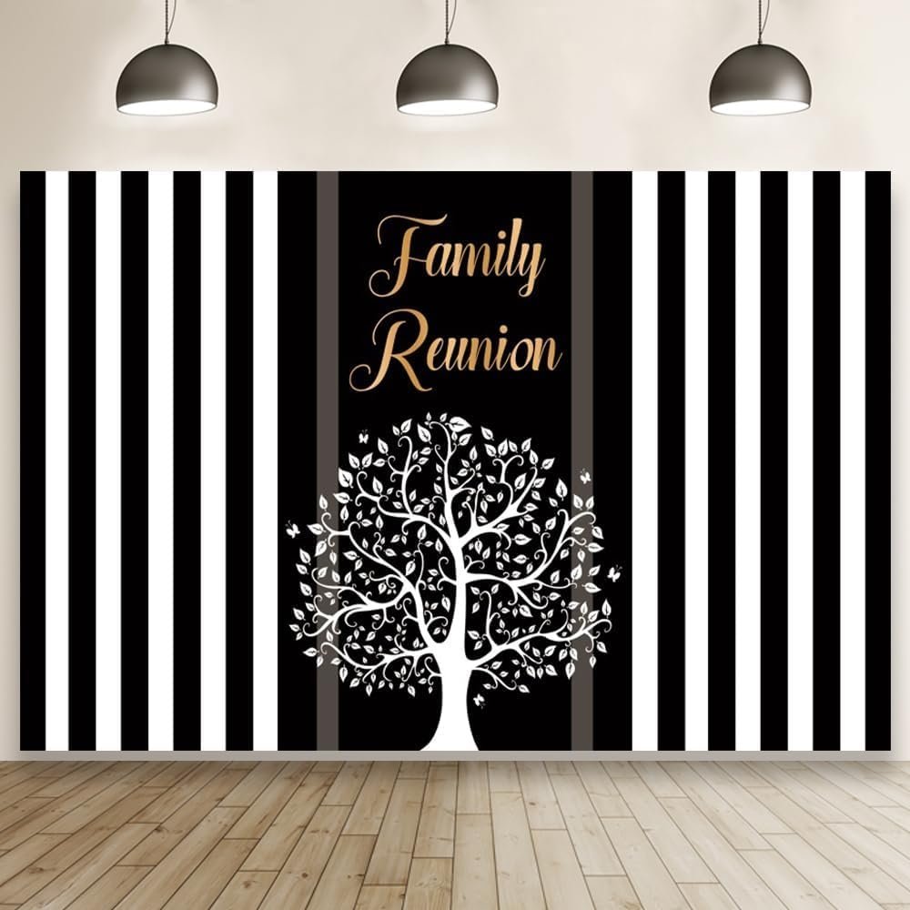 Pnylzzyxh Family Reunion Large Backdrop Family Tree Leaves Welcome to Our Family Members Black White Stripes Photography Background Gathering Golden Party Decorations Banner Photo Booth Props 12x10ft