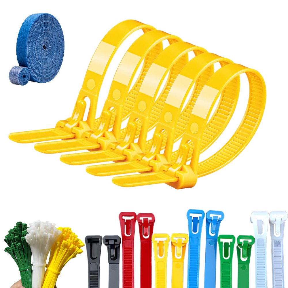 100PCS Buckle Self-Locking Premium Nylon Cable Wire Ties,Cable Ties Reusable Zip Ties,Releasable Nylon Cable Tie,Nylon Strap with Buckle,Adjustable Wire Ties for Office Home Garden (Yellow, 5 * 300mm)