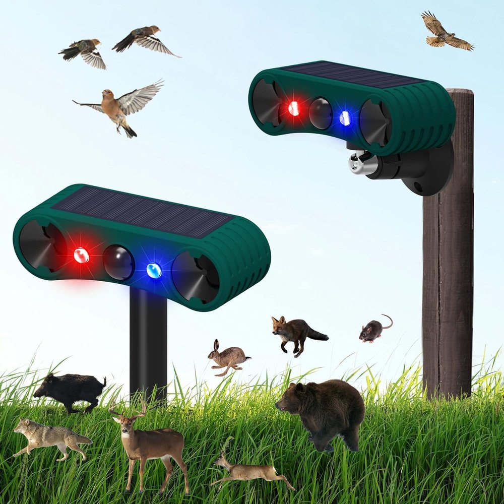 AMZSTAR Solar Indoor and Outdoor Motion Sensor Alarm,4 Modes 129db Loud Siren - with Red and Blue Flashing Warning. Ideal for homes, villas and farms! (2PCS)