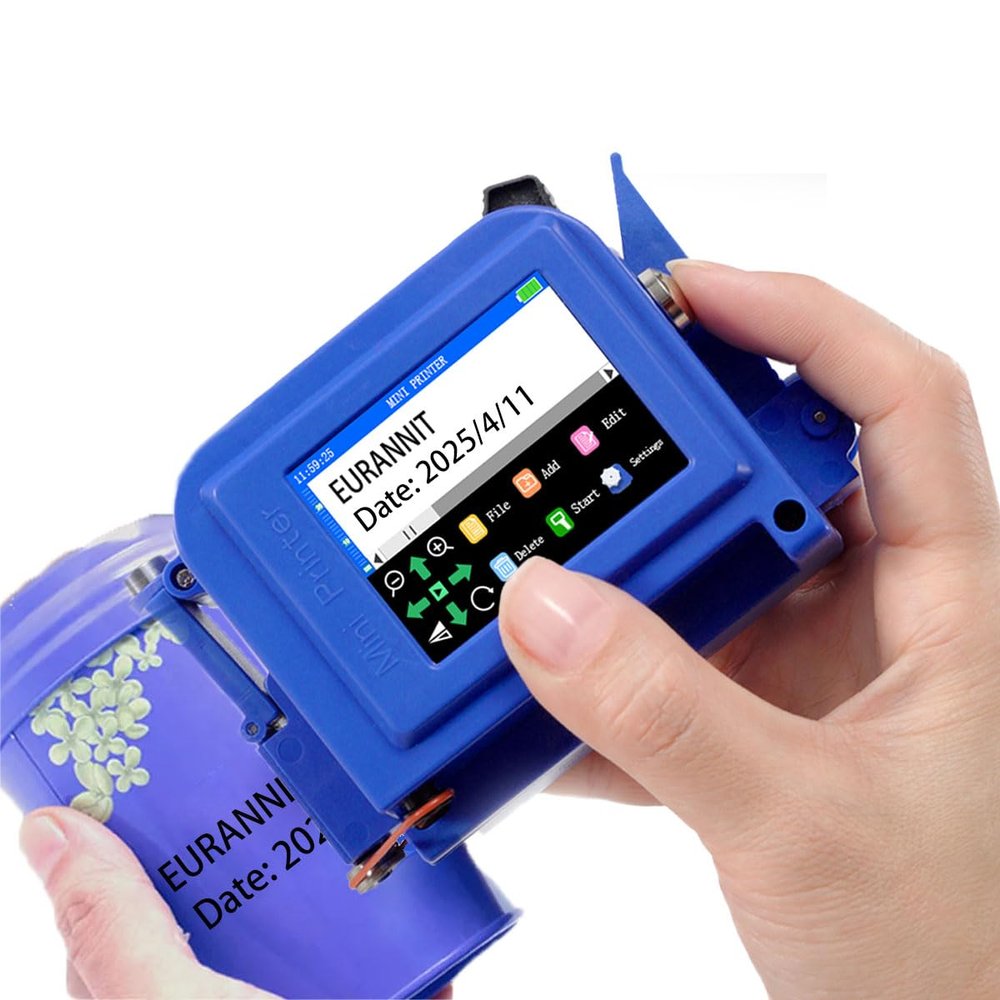 Eurannit E11 Mini Handheld Inkjet Printer with External Conveyor Wheel - 0.5" Portable Coder with ER520 Quick-Dry Ink for Text, Date, QR Code on Bottles & Curved Surfaces