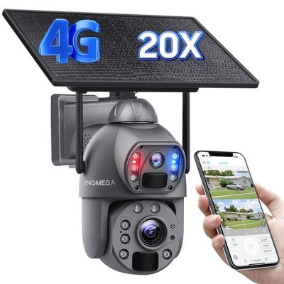 INQMEGA Metal 20X Zoom 4G Cellular Security Solar Cameras, 20000mA 6MP Dual-Lens Battery Powered Camera with 10W Solar Panel, PIR Motion Detection, Color Night Vision, Include 4G Card