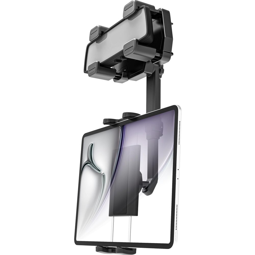 LYFICCS Car Tablet Mount for Rearview Mirror, Upgraded Four Clamp Anti-Shake Vehicle Rear View Mirror Holder for iPad Pro/Air/Mini, Galaxy Tab, iPhone 16 15 14 13 12, Compatible with 4-12.9" Device