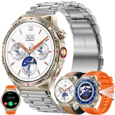 1.85AMOLED Smart Watch for Men(Answer/Make Calls), LED Lighting, 5ATM Waterproof Fitness Watch with Heart Rate, SpO2, Blood Pressure, Bluetooth Smartwatch for Android iPhone, with 3 Bands (Silver)