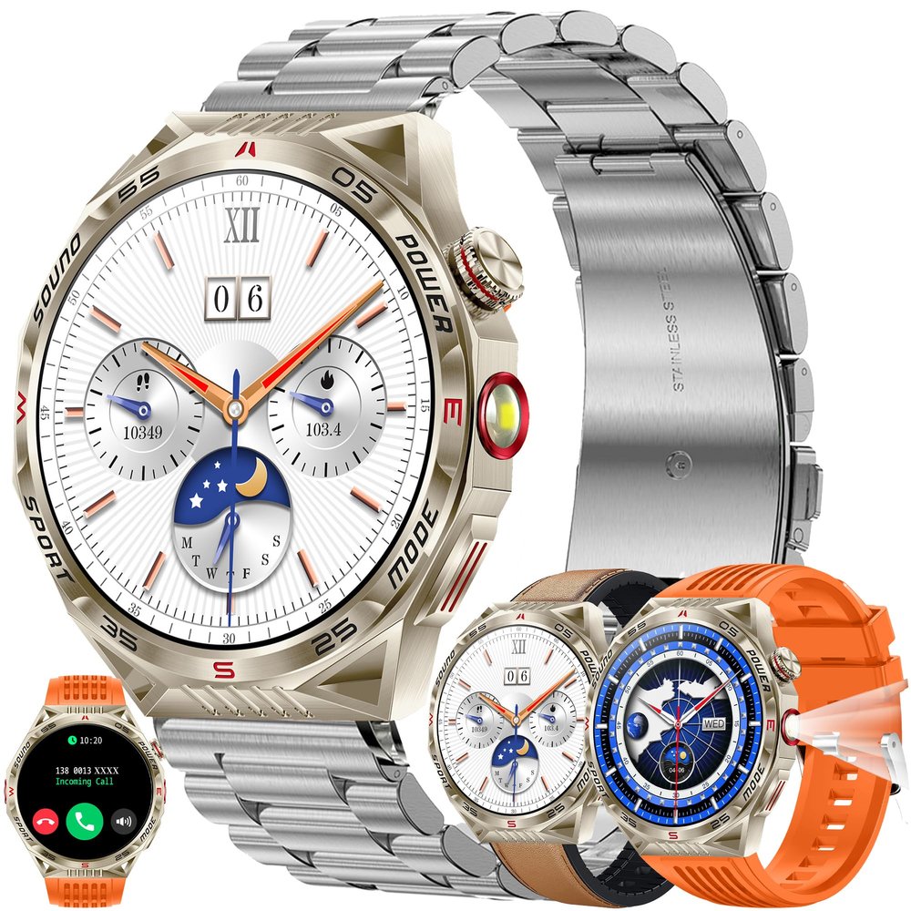 1.85AMOLED Smart Watch for Men(Answer/Make Calls), LED Lighting, 5ATM Waterproof Fitness Watch with Heart Rate, SpO2, Blood Pressure, Bluetooth Smartwatch for Android iPhone, with 3 Bands (Silver)