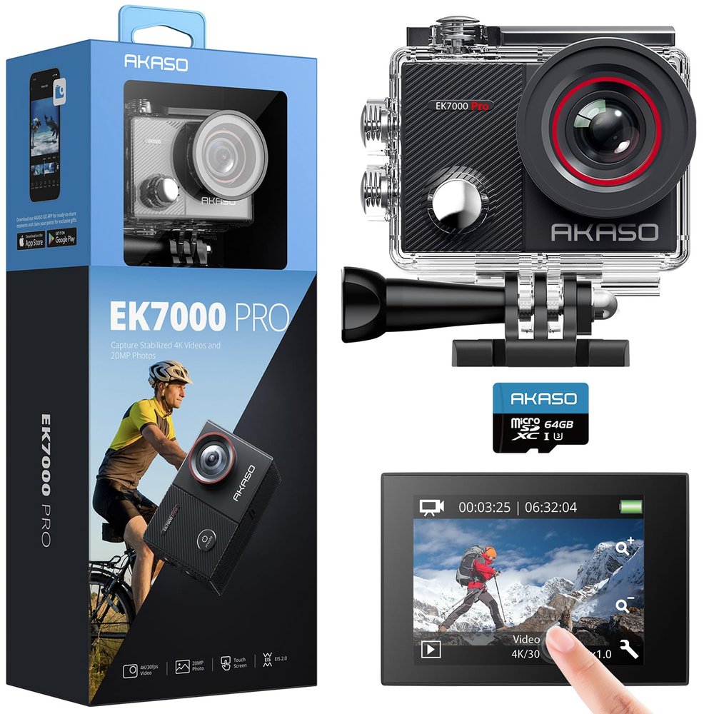 AKASO EK7000 Pro 4K30FPS 20MP WiFi Action Camera and 64GB microSDXC U3 Memory Card Bundle