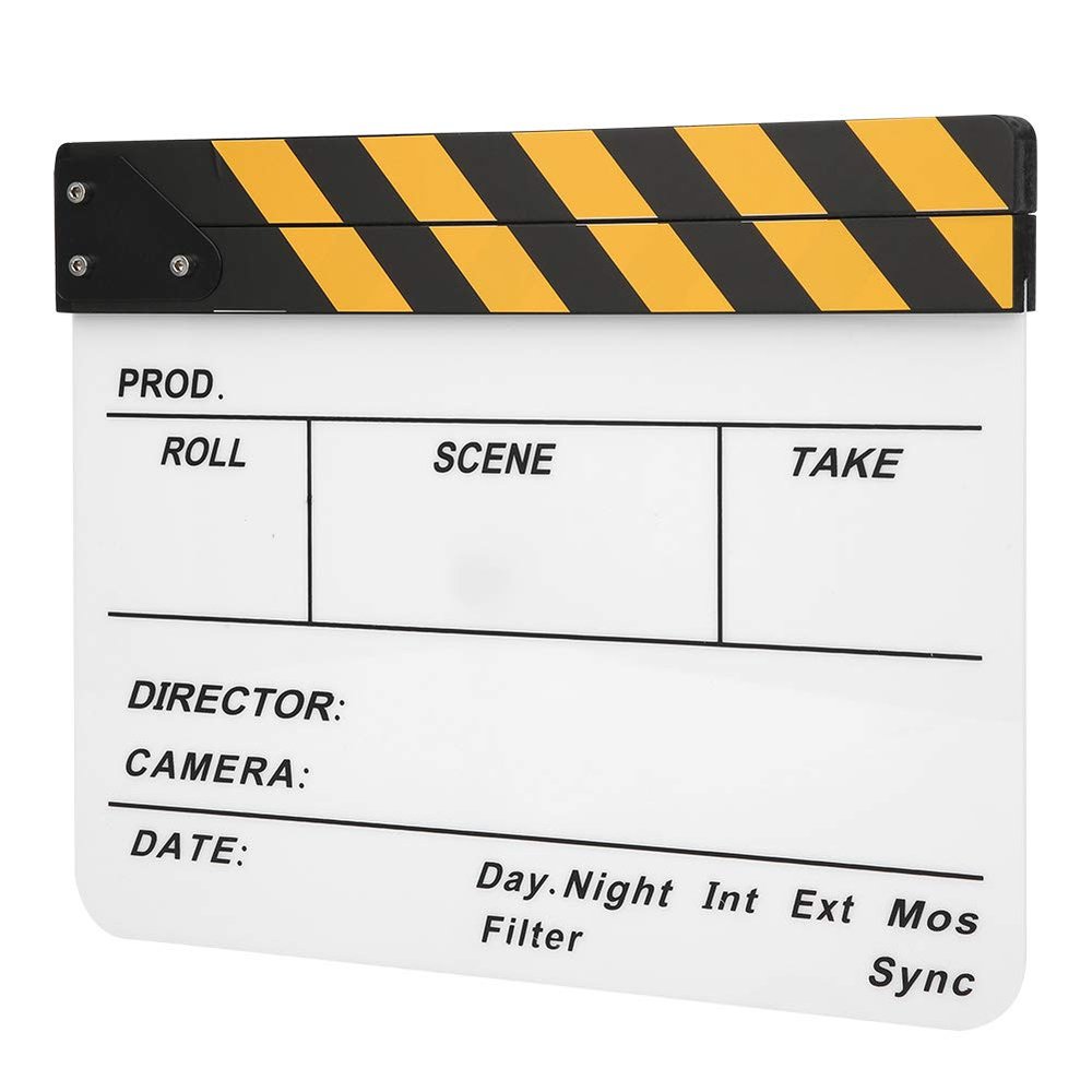 30x25CM Mini Acrylic Clapper Board, Director Scene Film Editing Prop Action Board with Whiteboard Pen for Shoot PropsAdvertisingHome DecorationCosplayBackground (Yellow Stripe
