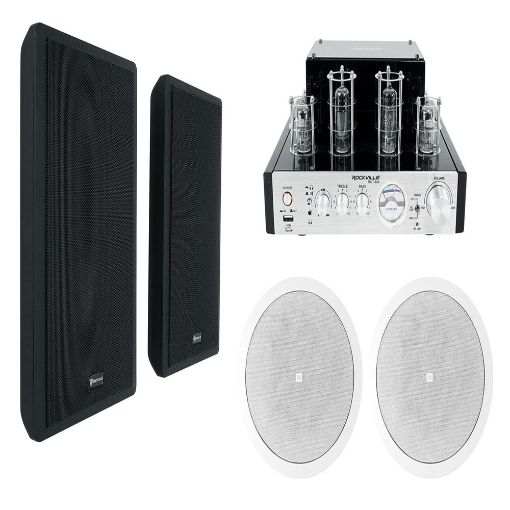Rockville Bundle: (1) Blutube WD 70w Bluetooth Tube Amplifier Bundle with (2) JBL Control 26C 6.5" 150 Watt in-Ceiling White Home Theater Speakers,(1) Wall Mount Slim Speakers (3 Items)