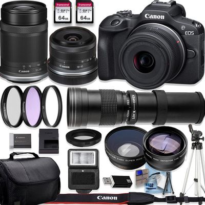 Canon EOS R100 4K Video Recording Mirrorless Camera with 18-45mm and Canon RF-S 55-210mm f/5-7.1 STM+420-800mm f/8.3 HD Telephoto Zoom Lenses+Accessory Bundle (Renewed)