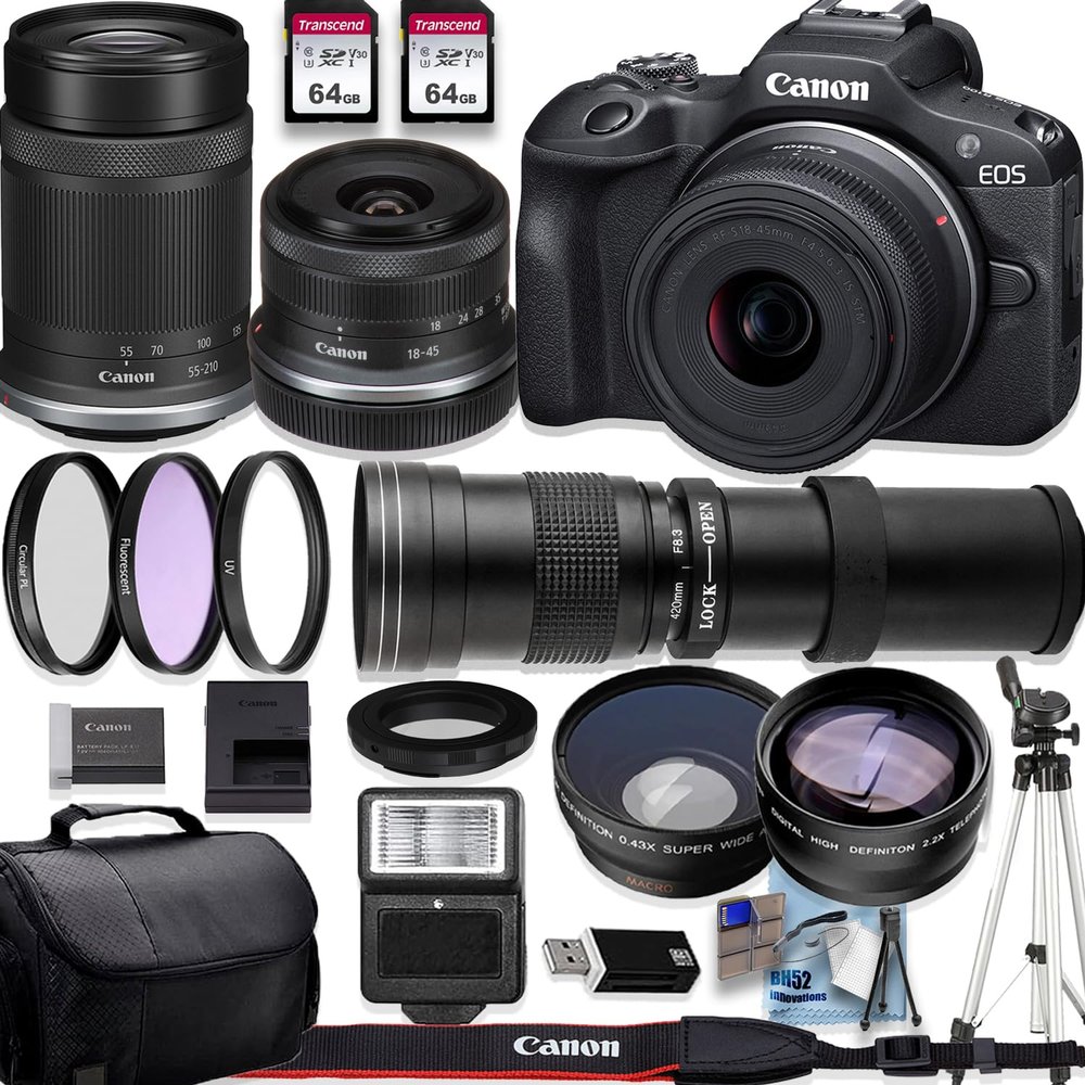 Canon EOS R100 4K Video Recording Mirrorless Camera with 18-45mm and Canon RF-S 55-210mm f/5-7.1 STM+420-800mm f/8.3 HD Telephoto Zoom Lenses+Accessory Bundle (Renewed)