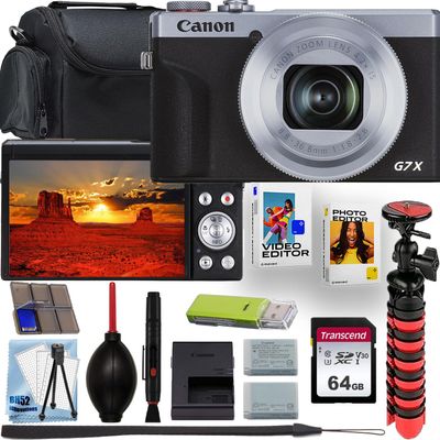 Canon PowerShot G7 X Mark III 4K Video Recording Digital Camera (Silver) + 64GB Memory Card + Shoulder Bag + Flex Tripod + Software Kit + Deluxe Cleaning Kit (Renewed)